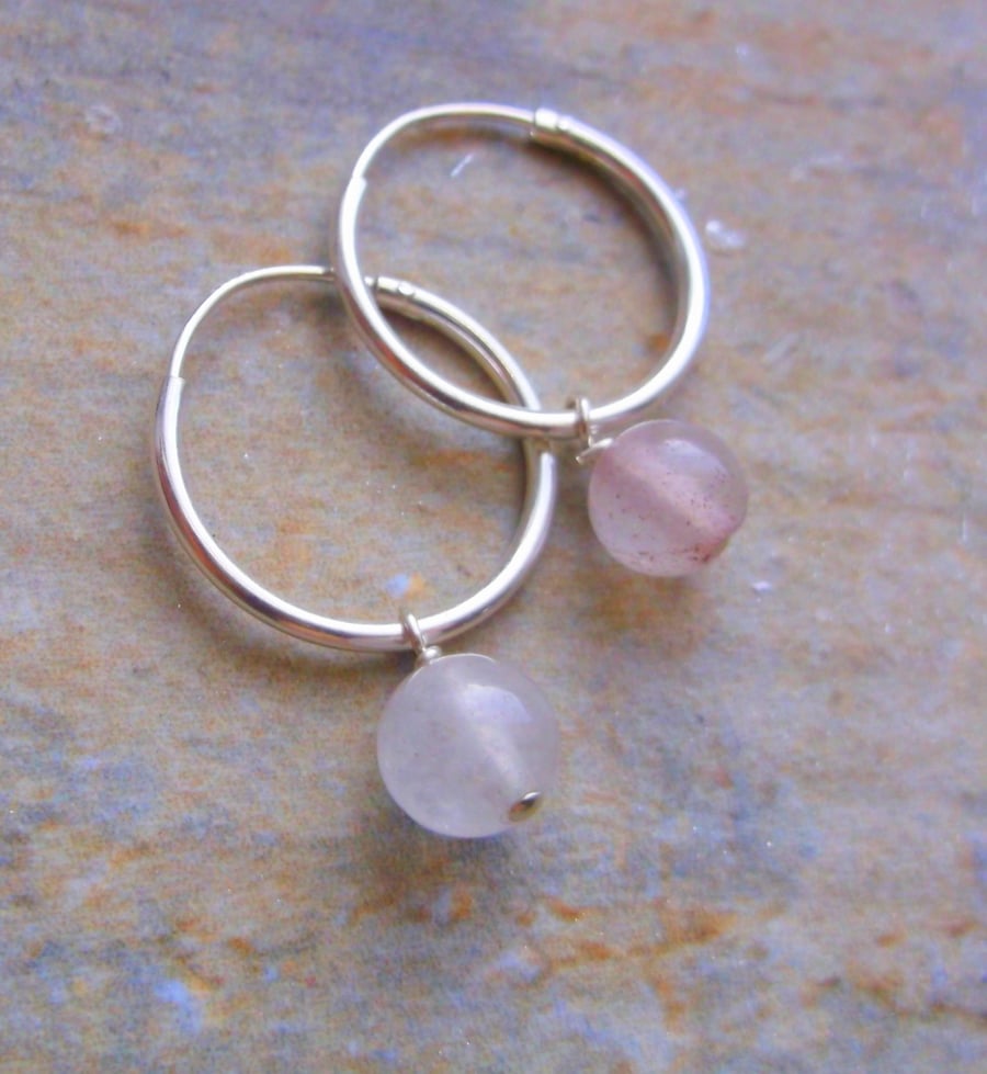 Sterling Silver 16mm Hoop Earrings with Rose Quartz Gemstones