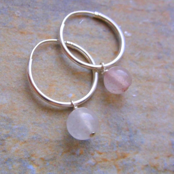 Sterling Silver 16mm Hoop Earrings with Rose Quartz Gemstones