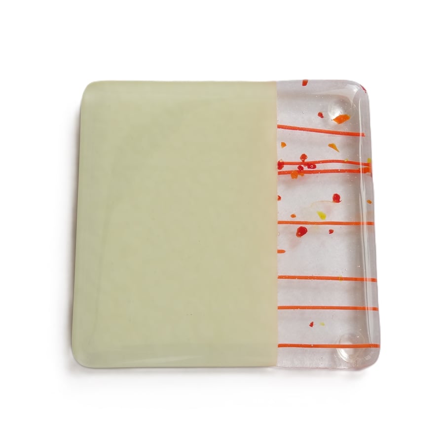 Cream & orange fused glass coaster, 9cm, handcrafted, 6mm thick (0188)