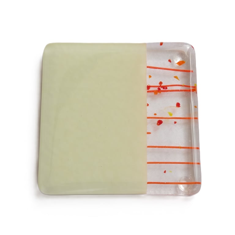 Cream & orange fused glass coaster, 9cm, handcrafted, 6mm thick (0188)