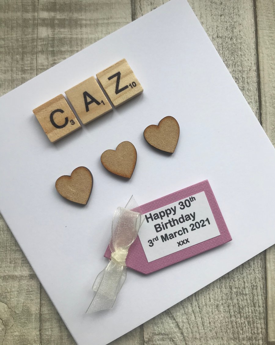 Personalised Handmade Named Female Happy Birthday Card with scrabble tiles
