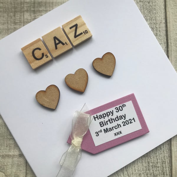 Personalised Handmade Named Female Happy Birthday Card with scrabble tiles