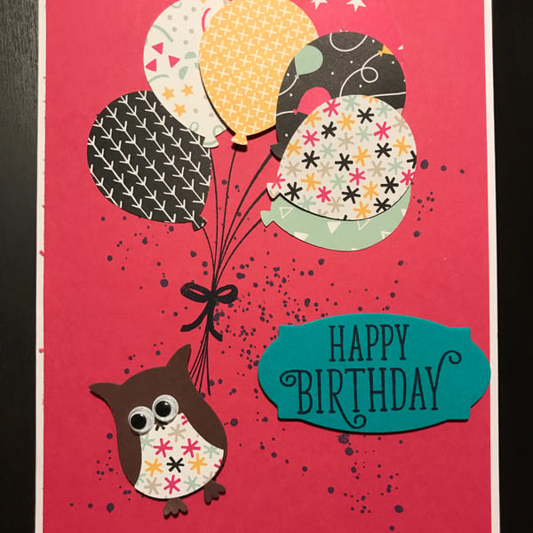 Birthday "Cute Owl with Bright Balloons" Card Personalised
