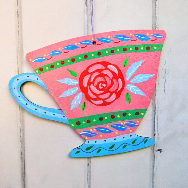Hand painted wooden hanging cup decoration with rose  cottage core wall art