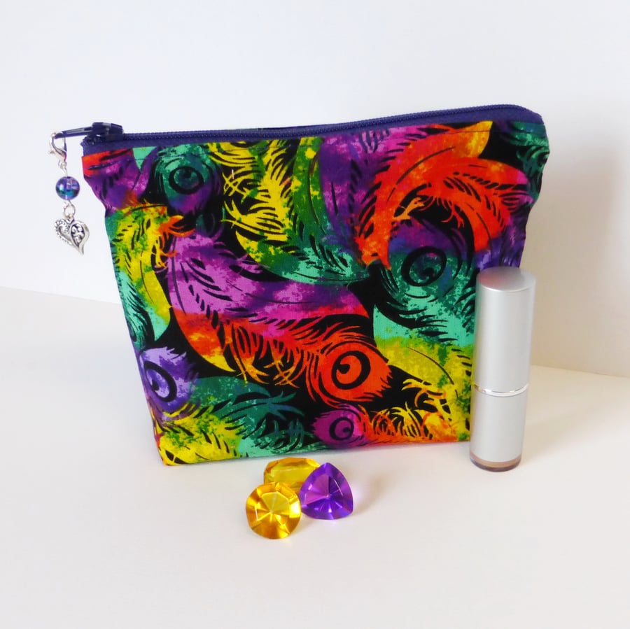 REDUCED. Make up bag, cosmetic bag, vibrant feathers.