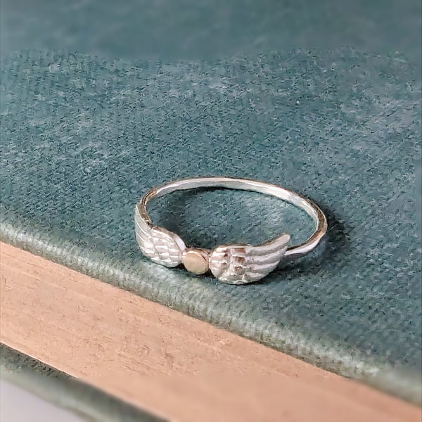 Recycled Sterling Silver 9 carat Gold Handmade Hammered Silver Ring with Wings