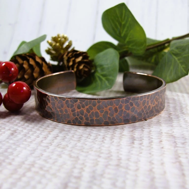 Bangle, Copper Rustic Hammered Cuff - Size Small - Medium 6-7 Inch Wrist
