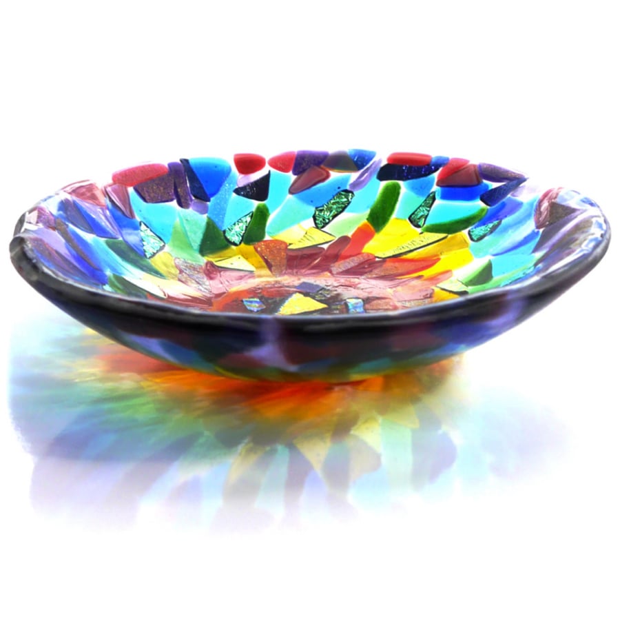 Rainbow Burst Fused Glass Handmade Bowl Round 12cm Dichroic