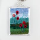 Keyring, poppies, needle felted textile art, silk and wool