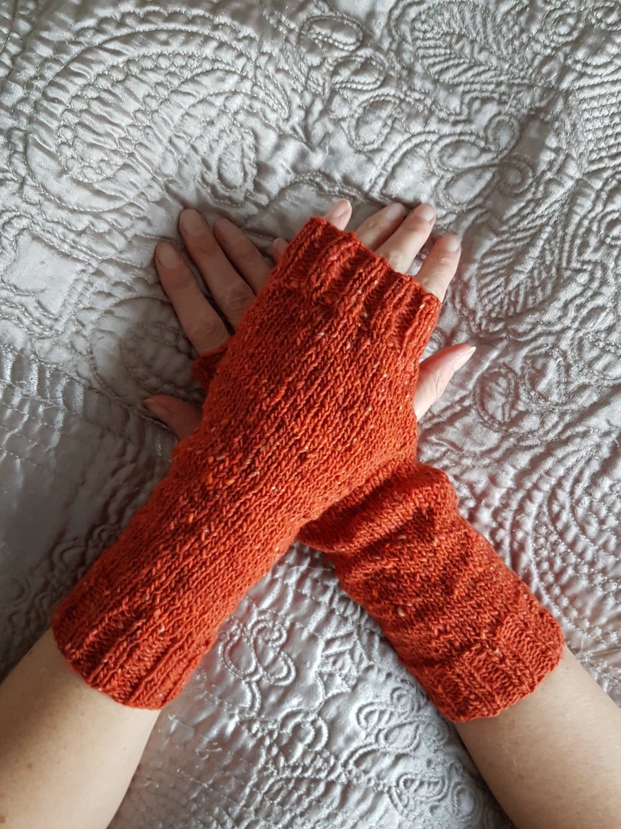 Beautiful Terracotta Hand Knitted Wrist Cosies, Fingerless Gloves