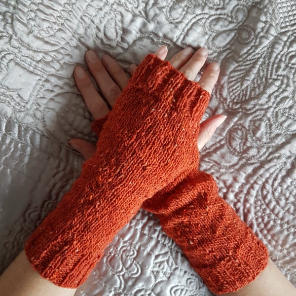 Beautiful Terracotta Hand Knitted Wrist Cosies, Fingerless Gloves