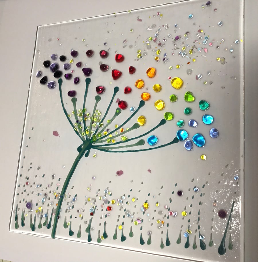 Cheerful Rainbow Allium Flower fused glass Art Picture Sun Catcher & wooden disp