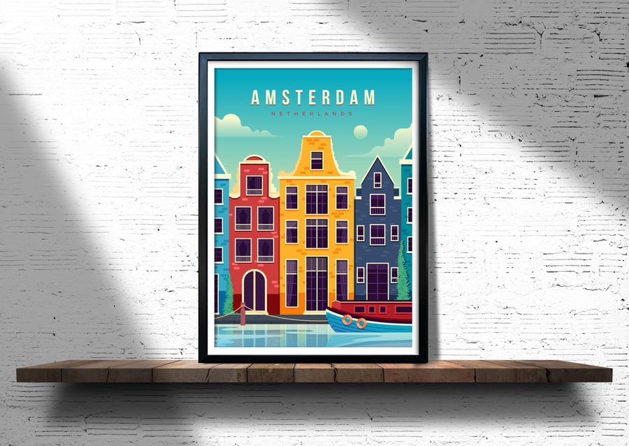 Amsterdam retro travel poster, Netherlands travel poster