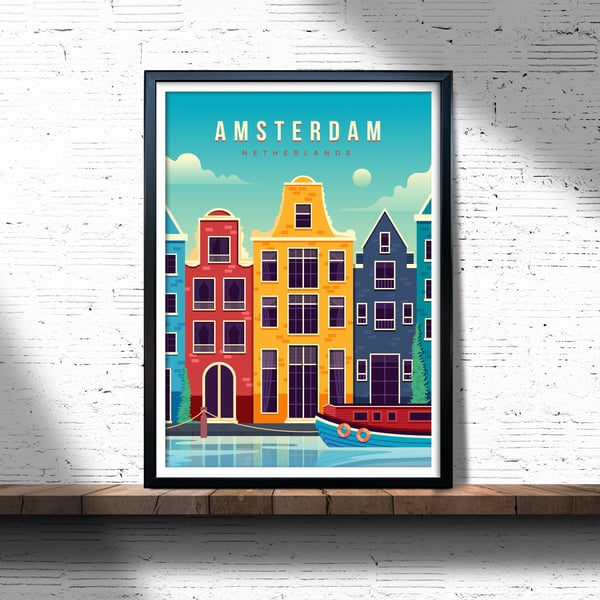 Amsterdam retro travel poster, Netherlands travel poster