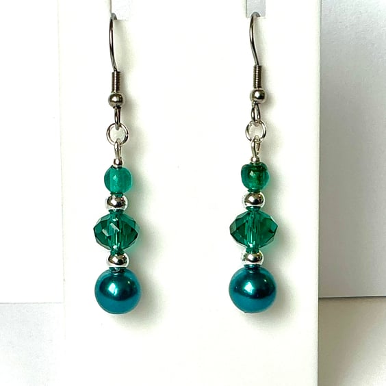 Teal and Silver Beaded Earrings