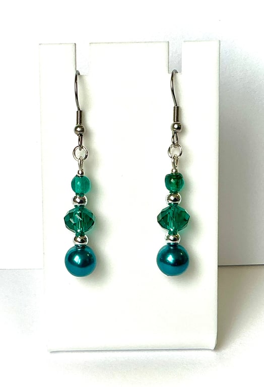 Teal and Silver Beaded Earrings
