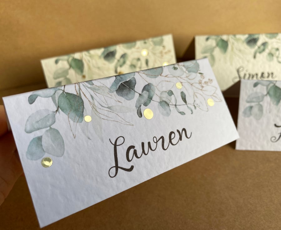 6 x table place CARDS EUCALYPTUS greenery  personalised name Wedding setting