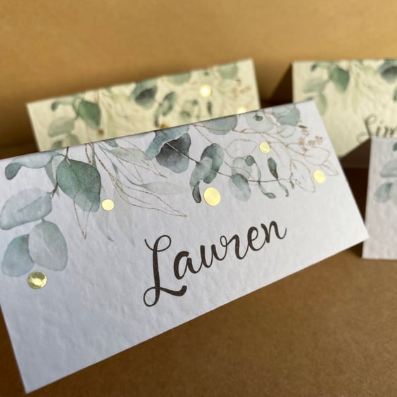 6 x table place CARDS EUCALYPTUS greenery  personalised name Wedding setting