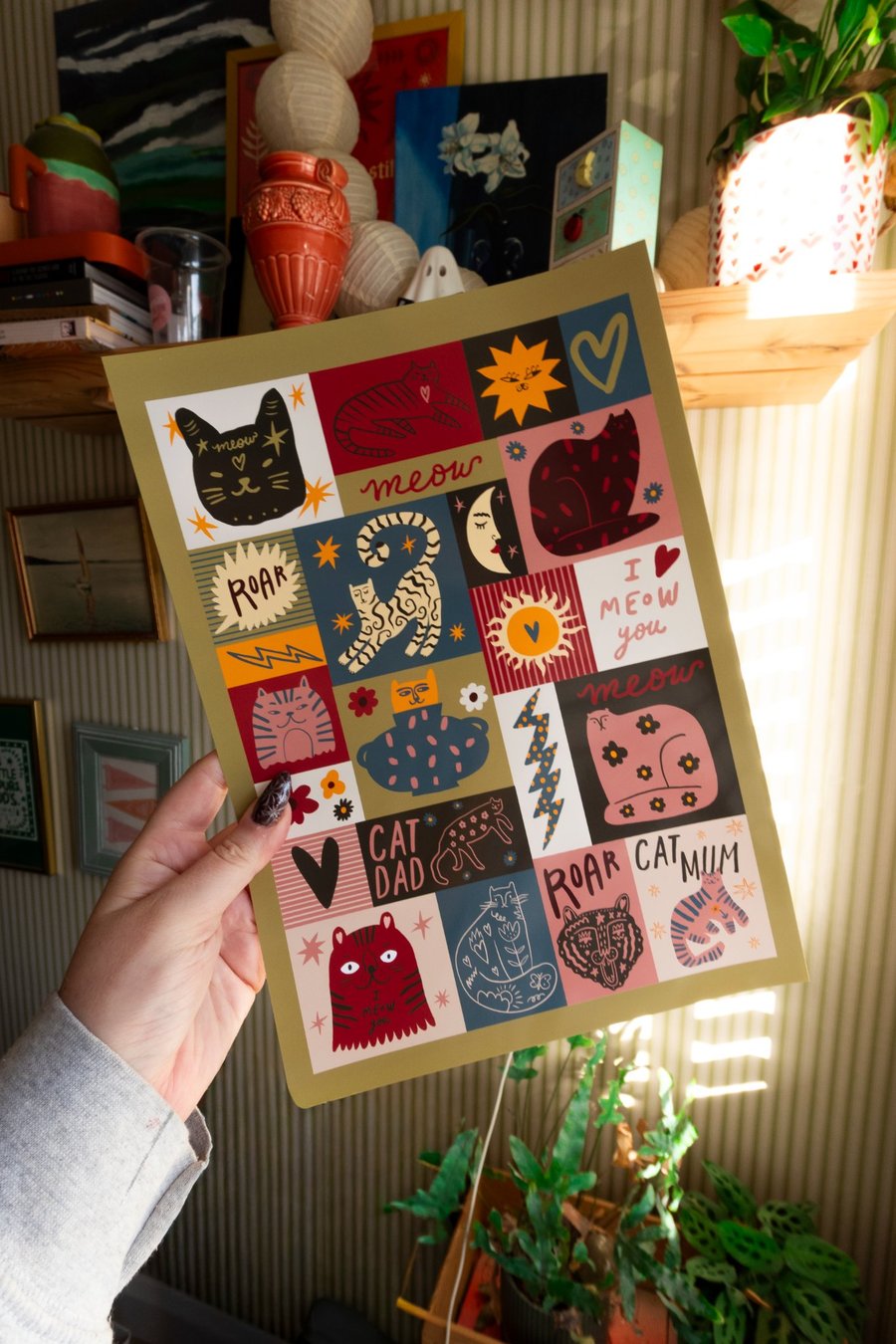 Retro Cat Art Print. Groovy Cat Lover Wall Art. Cute Mid Century Cat Collage.