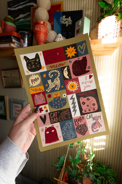 Retro Cat Art Print. Groovy Cat Lover Wall Art. Cute Mid Century Cat Collage.