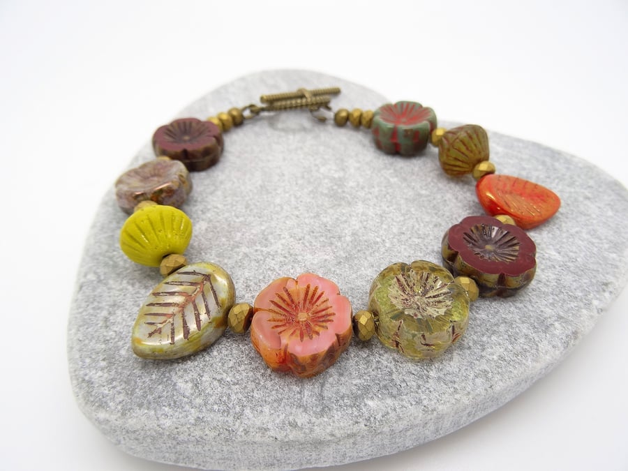 Flower Bracelet, Leaf Bracelet, Czech Glass Bracelet, Autumnal Bracelet.