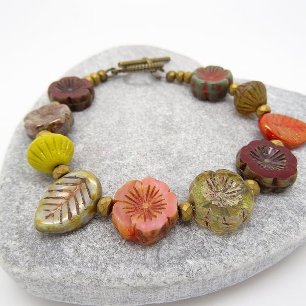 Flower Bracelet, Leaf Bracelet, Czech Glass Bracelet, Autumnal Bracelet.