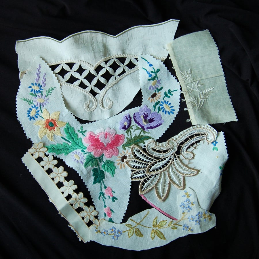 Vintage embroidery Upcycled slow stitching kit with threads, lace, ribbon