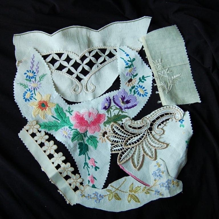 Vintage embroidery Upcycled slow stitching kit with threads, lace, ribbon