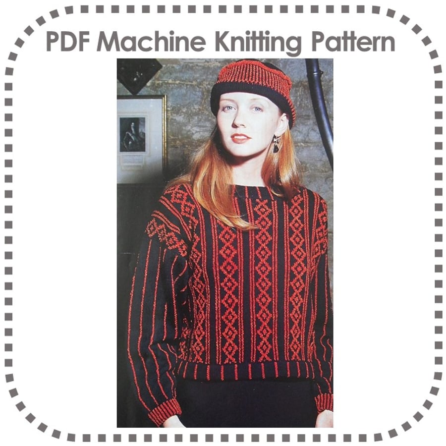 Sweater & Hat Pattern Machine Knitting Easy 4 Ply Fair Isle Jumper Top