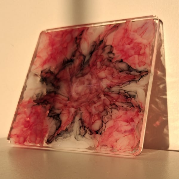 Handmade epoxy resin square coaster. Black, white and red
