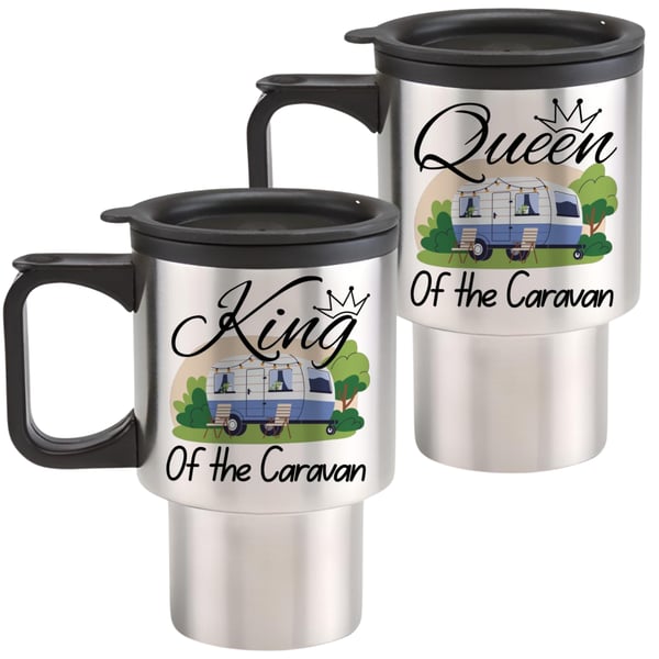 Couples Caravan Travel Mug Set of 2  King and Queen Of The Caravan Set