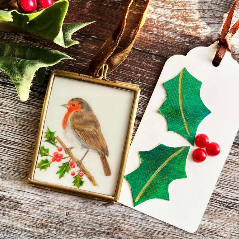 Original drawing of robin and holly in miniature hanging frame