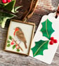 Original drawing of robin and holly in miniature hanging frame
