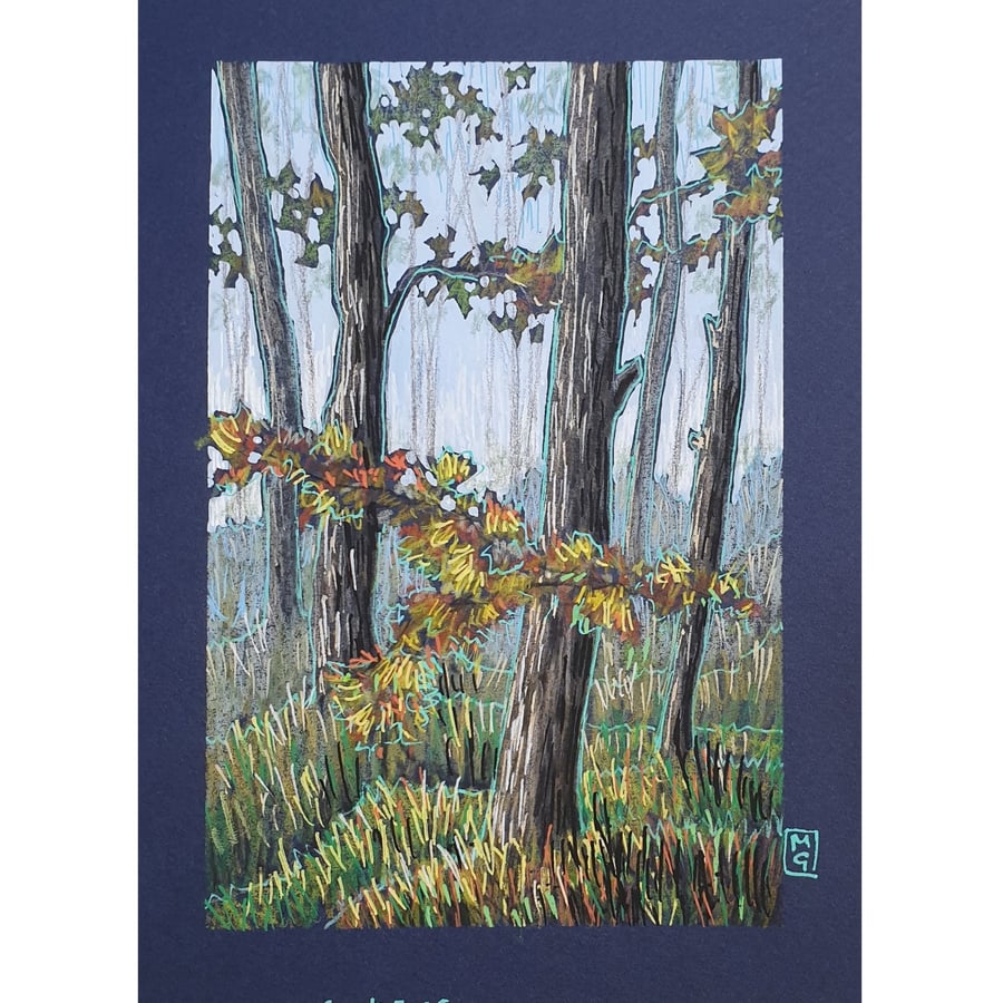 Autumn Morning in the Woods original artwork, small landscape drawing, wall art
