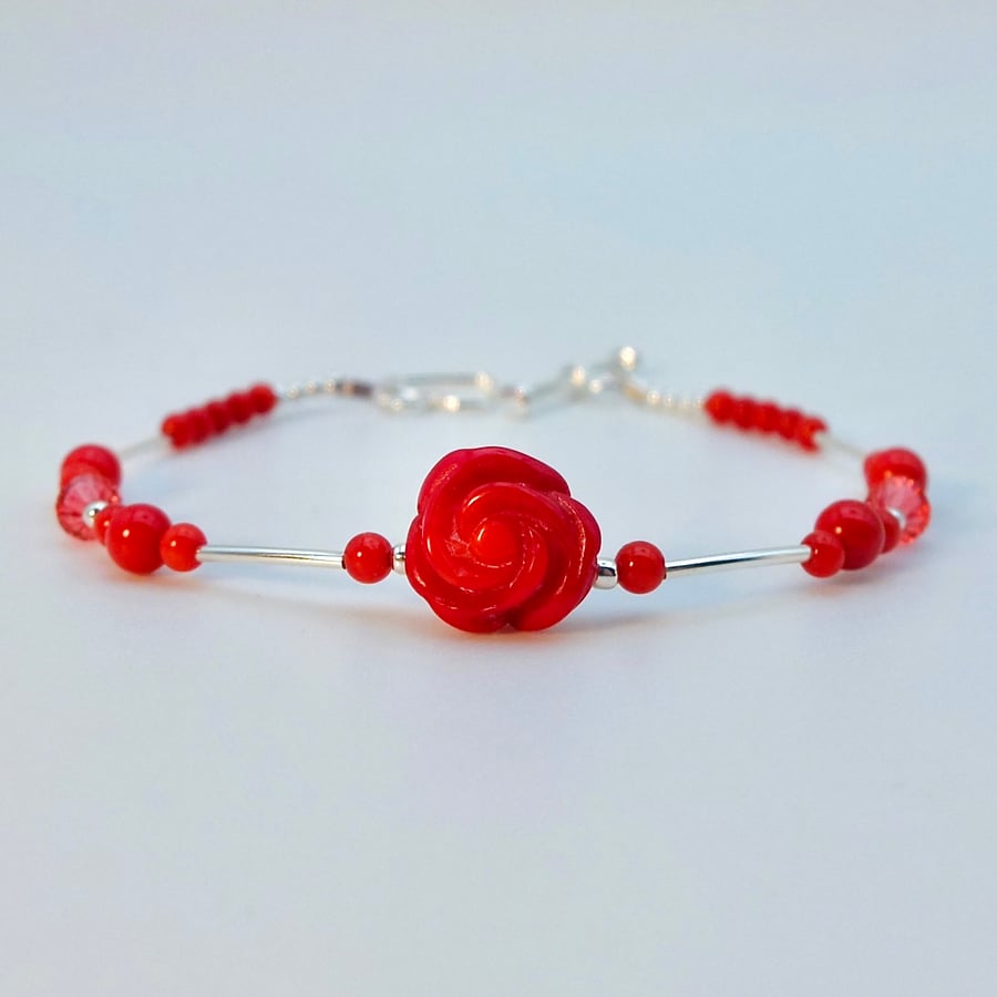 Bamboo Coral Bracelet, Carved Rose & Sterling Silver, Birthday, Anniversary Gift
