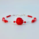 Bamboo Coral Bracelet, Carved Rose & Sterling Silver, Birthday, Anniversary Gift
