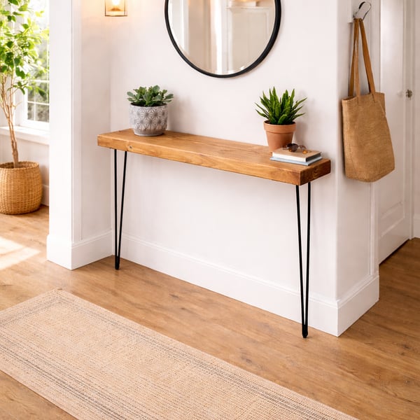 Rustic Solid Wooden Narrow Hallway Entrance Table with Metal Hairpin Legs