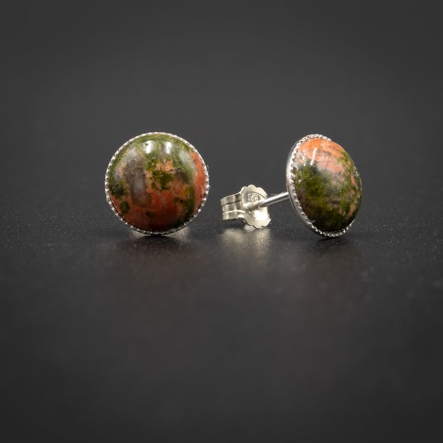 Unakite, sterling silver stud earrings,  Pisces, Aries jewellery