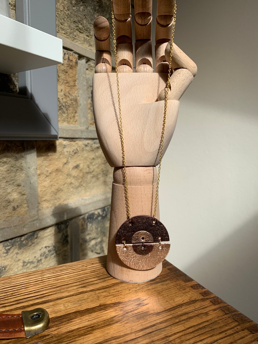 Handmade leather statement reversible necklace in gold and bronze metallic