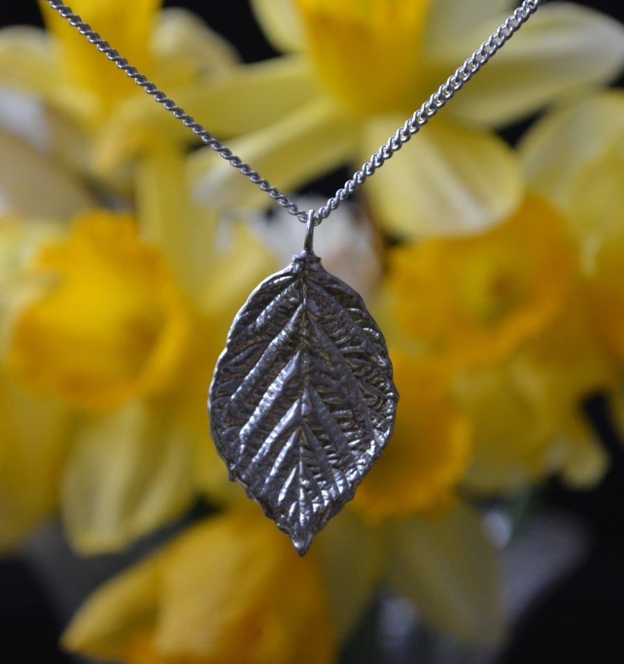 Rose leaf pewter pendant necklace with sterling silver chain