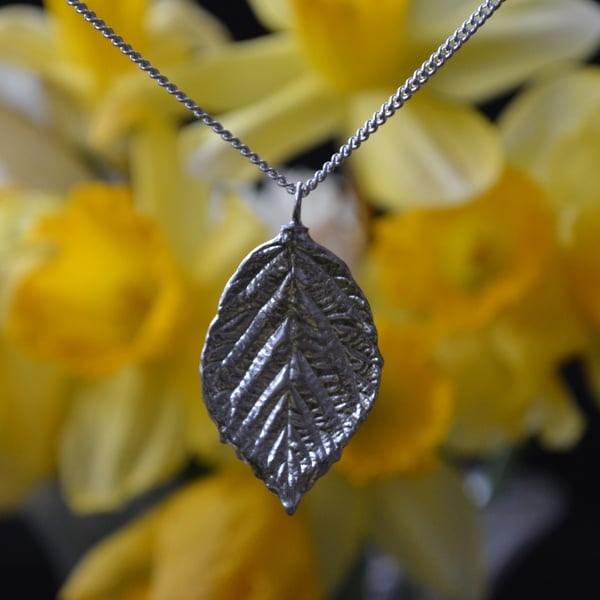 Rose leaf pewter pendant necklace with sterling silver chain