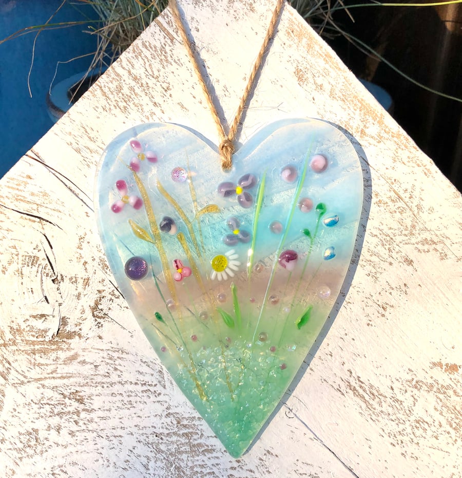 Glass Meadow Heart with Delicate Pink & Purple Flowers