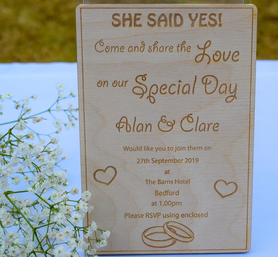 Wooden Engraved Wedding Invitation - Custom Made to Order - Personalised