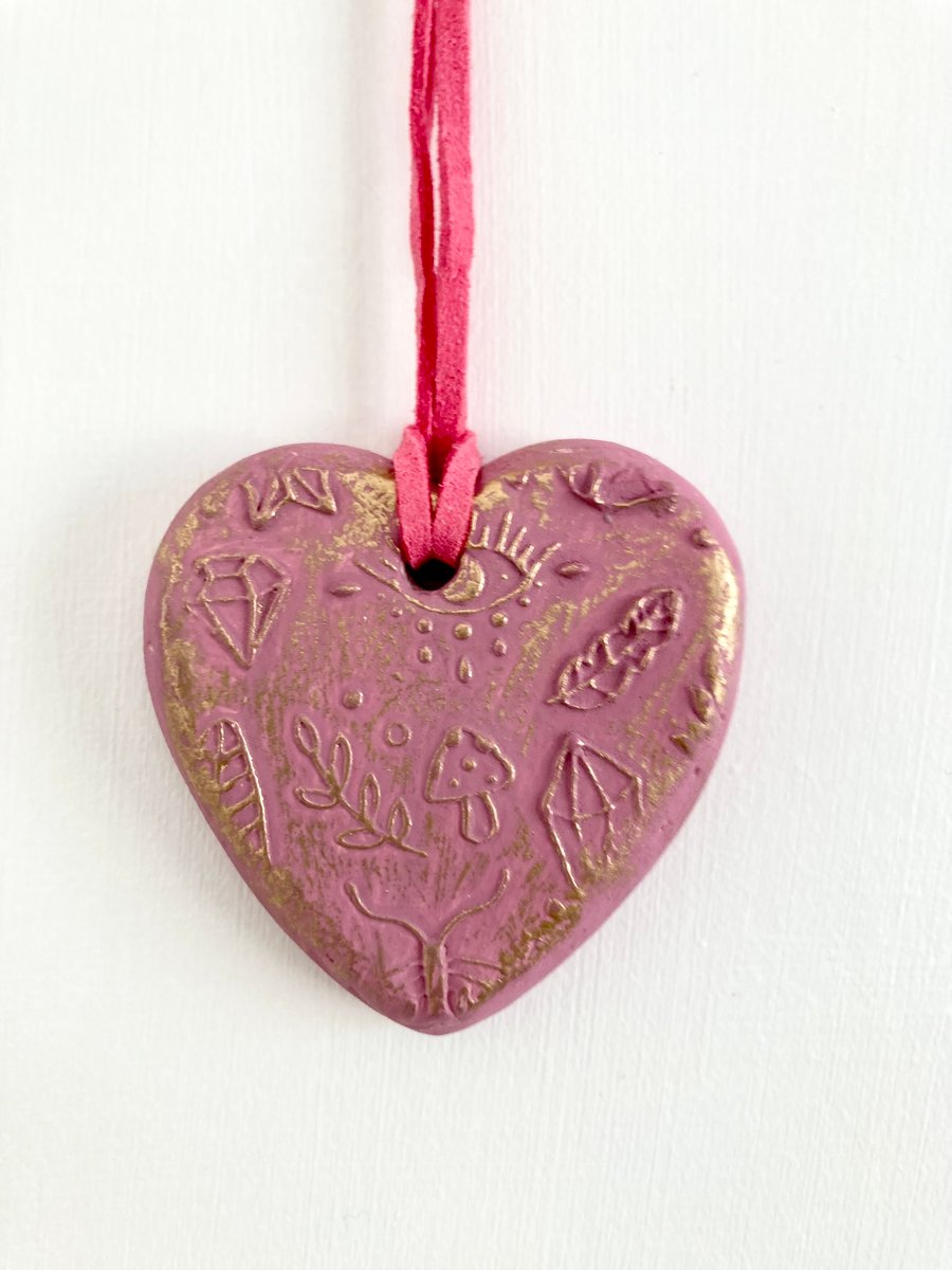Pink Heart Hanging Decoration Mystical Symbols Boho Heart Gift