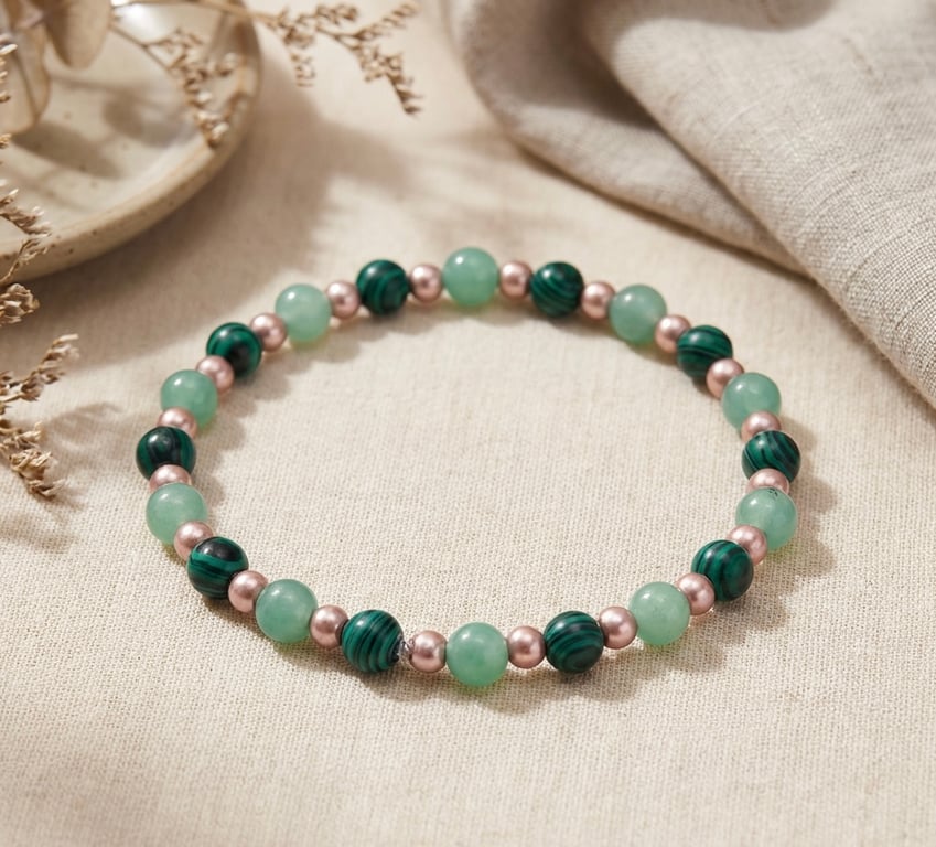 Malachite, Green Aventurine and Rose Gold Hematite Stretch Bracelet