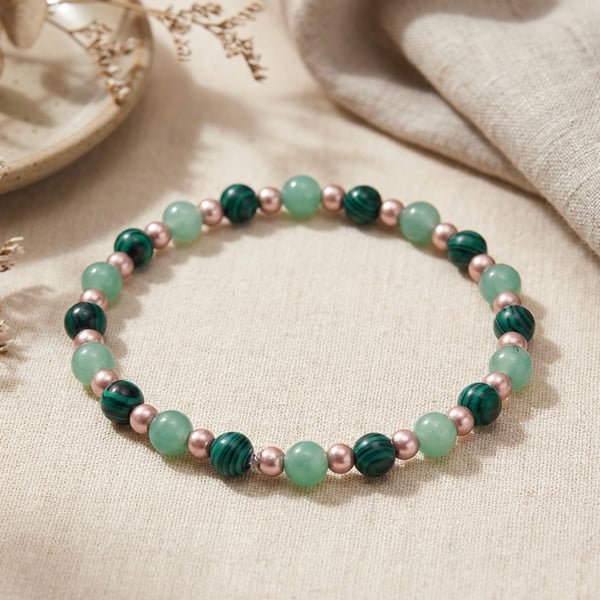 Malachite, Green Aventurine and Rose Gold Hematite Stretch Bracelet