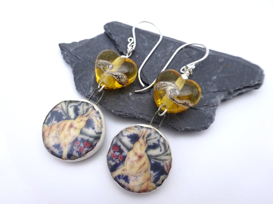 amber lampwork glass earrings, ceramic hare