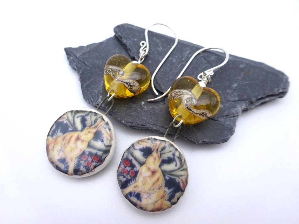 amber lampwork glass earrings, ceramic hare
