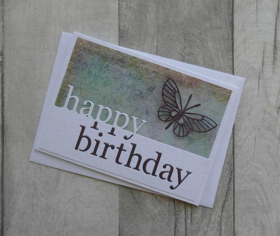 Purple Butterfly with Patterned Paper - Happy Birthday - Birthday Card