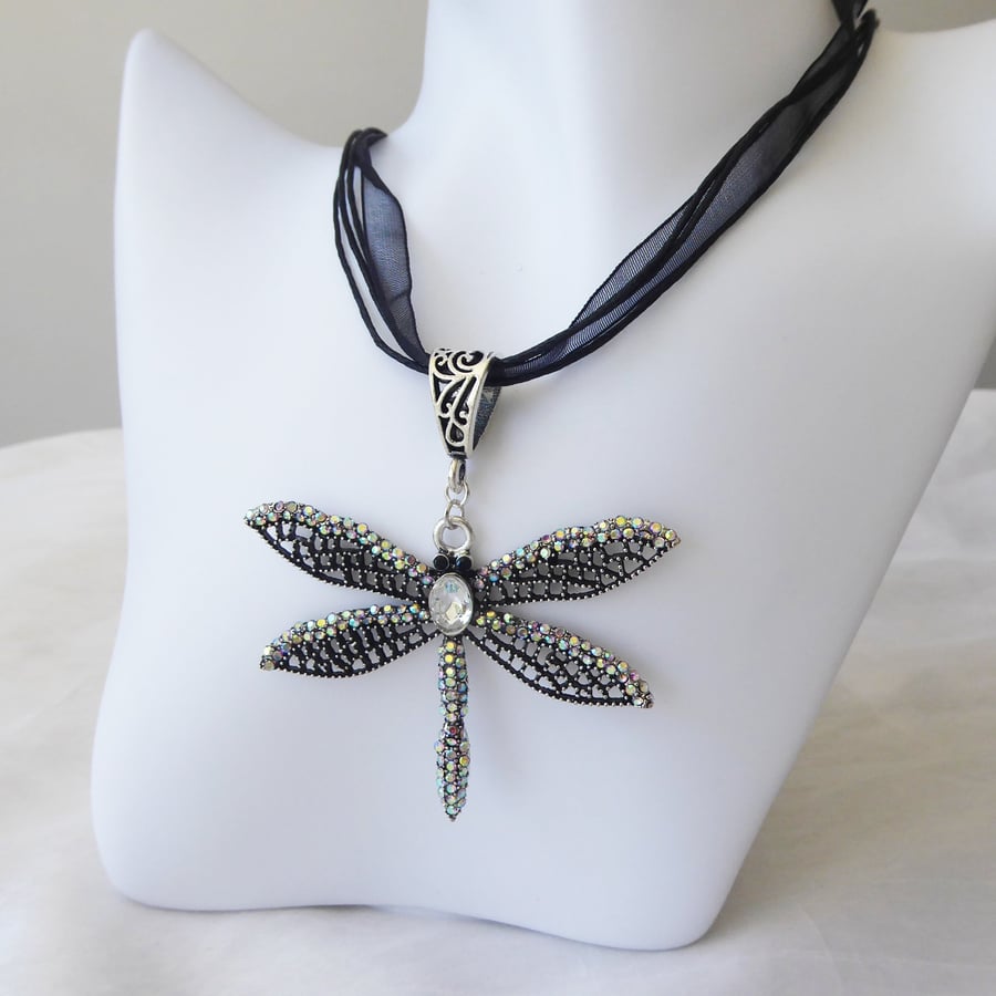 Black and Antique Silver tone Dragonfly Necklace with AB Rhinestones